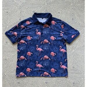 Unbranded Flamingo Polo Shirt -‎ Blue/Pink - Large - Cotton/Polyester/Spandex